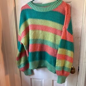 Chic Nation Vibrant Striped Sweater - Teal, Pink, Yellow